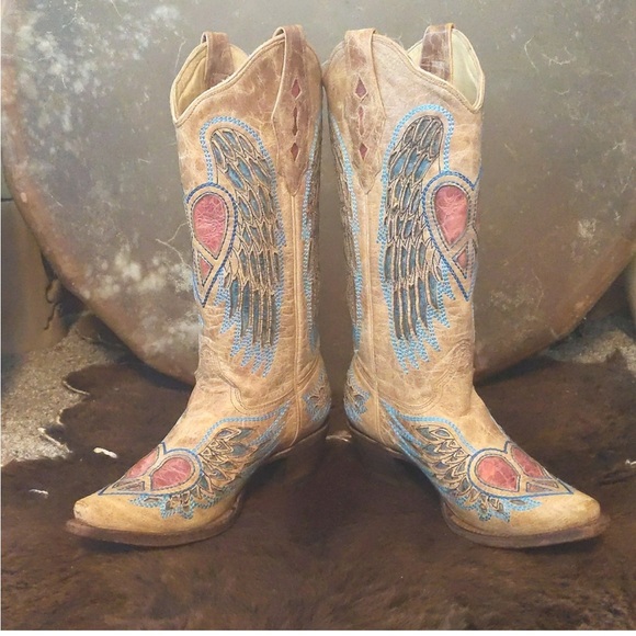 CORRAL Vintage Distressed Wings Hearts & Peace A1976 distressed boots Size 9.5 - Picture 3 of 15